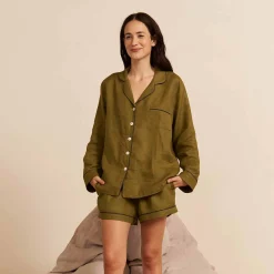 Moss Plain Linen Pajama Shorts Set Women Pajama Sets|Linen Pajamas