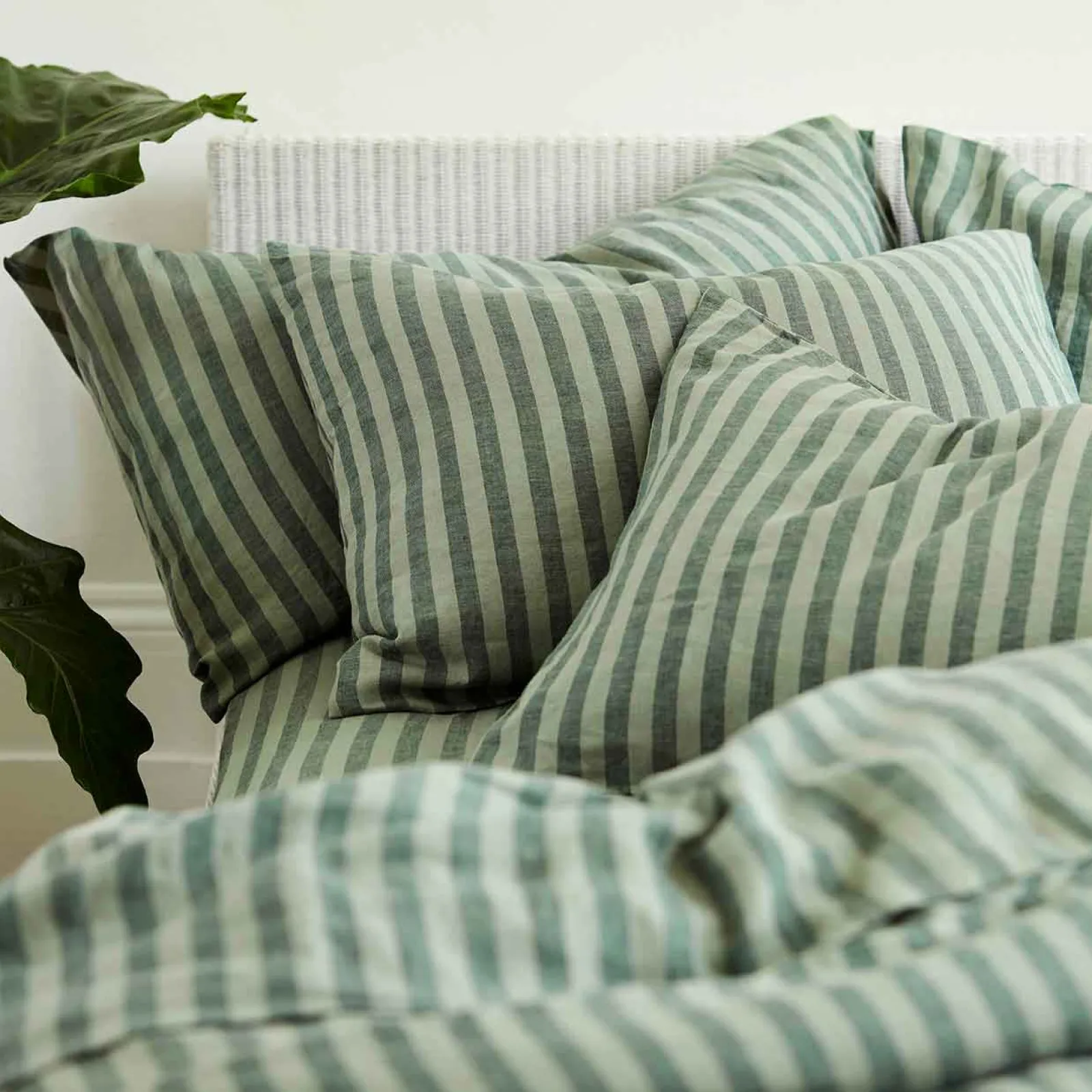 Online Pine Green Stripe 100% Linen Pillowcases (Pair) Striped Bedding|Linen Bedding